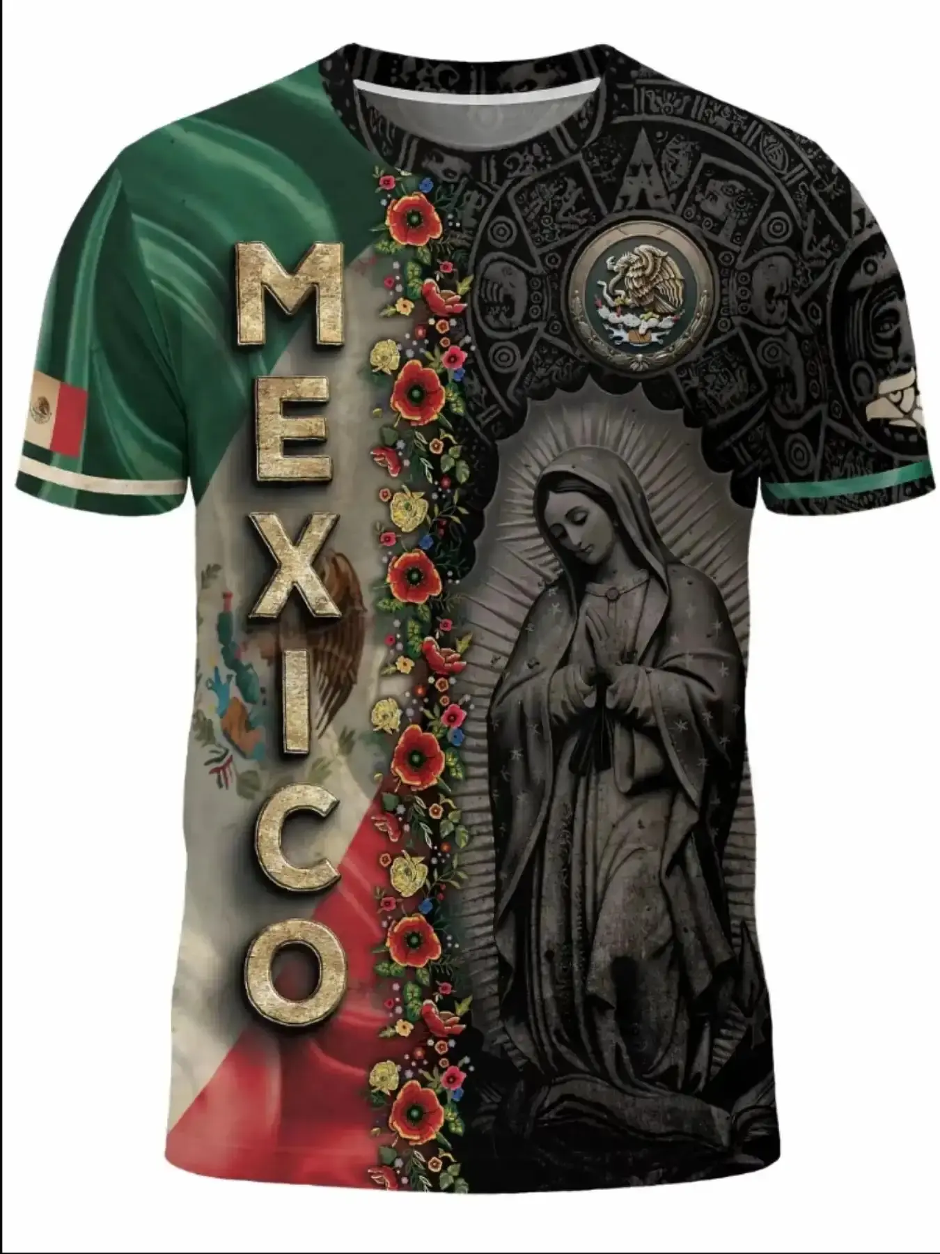 Mexican Flag Eagle and Serpent Aztec Cultural Heritage Text T-Shirt, Fitted Casual Full-Panel Print Design, Long Sleeve National Pride Garment, essential piece, must have item, trendy style, everyday wear