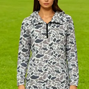 Camo Pattern Half-Zip Hooded Sweatshirt for Women – Stylish Long Sleeve Pullover, Perfect for Casual Outings, Outdoor Activities & Everyday Comfort
