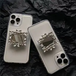 Luxury Cell Phone Mirror Grip, Cell Phone Finger Holder And Stand Accessories Rhinestone Smartphone Cellphone Mobile Square Mount