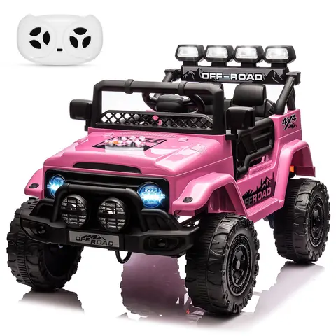 GARVEE 12V Electric Off-Road Ride-on Playful Truck for 3-4 Years Old Kids - Parental RC Control, Bluetooth Audio, LED Headlights, 3 Speed Modes, Adjustable Seatbelt, AUX Input, MP3 Playback, Motor Skill Development, Pink Outdoor Toy, Bluetooth Speakers