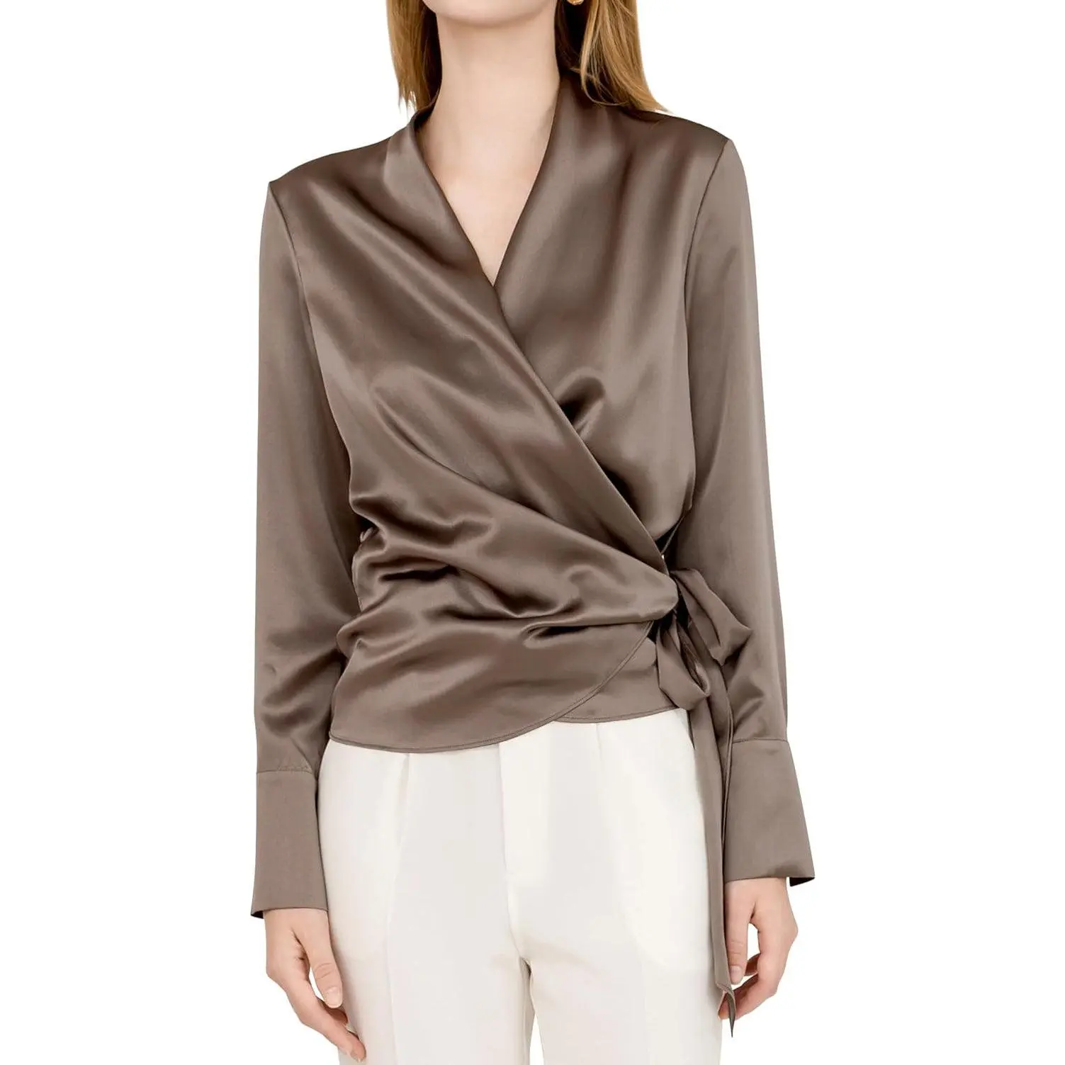 Luxury Mulberry Silk Elegant Fitted Wrap Silk Blouse Long Sleeve Shirt