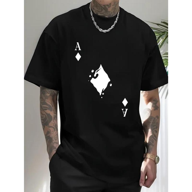 Men's cotton crew neck t-shirt with bold Ace of Spades graphic print, regular fit stretch knit fabric, white casual short sleeve top, suitable for all seasons, summer wear, casual style, machine washable, street trend t-shirt