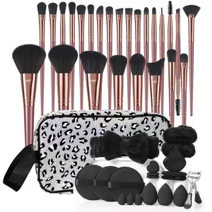 Complete Beauty Essentials Set: 45 Rose Gold Makeup Brushes, Holographic Leopard Storage Bag, Beauty Blender, Hairband, Eyelash Curler