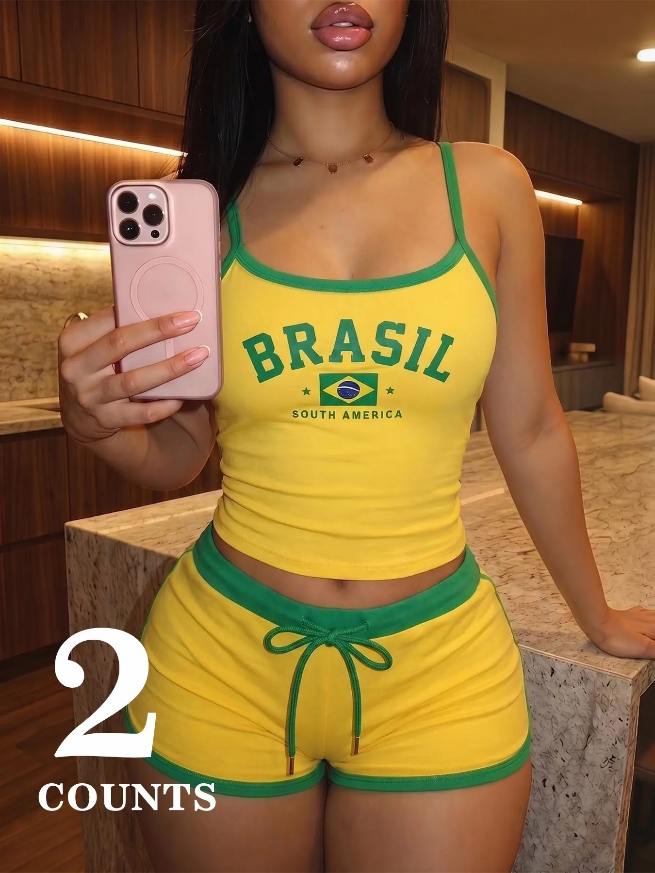 Women's Brazil Color Set, Matching Outfit Set, Brazilian Flag Print Sleeveless Tank Top and Adjustable Drawstring Shorts, Youth Student College Style, Fashionable and Trendy, Outfit