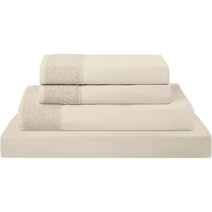 4 Piece Microfiber Sheet Set – Soft Cooling Bed Sheets with Lace – Deep, Wrinkle Free, Breathable, Hotel Luxury Bedding, Beige, Queen