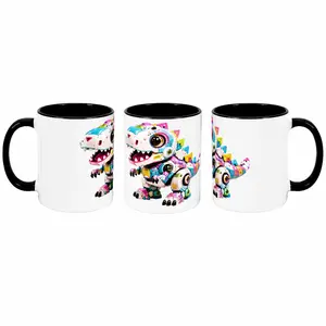 11oz Reusable Coffee Ceramic Mug - Kawaii Dopamine Cyber Dinosaur Robot T-Rex Drink Cup, Black Interior, Microwave Safe, Dishwasher Safe