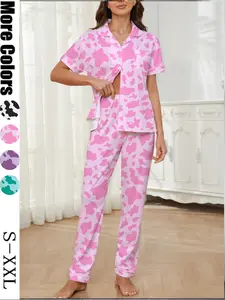 Women's Fall Winter Pajama Set, Cow Print Shirt Collar Button Short Sleeve Top & Elastic Pants, Soft Stretchy Fabric, Casual Home Wear Loungewear