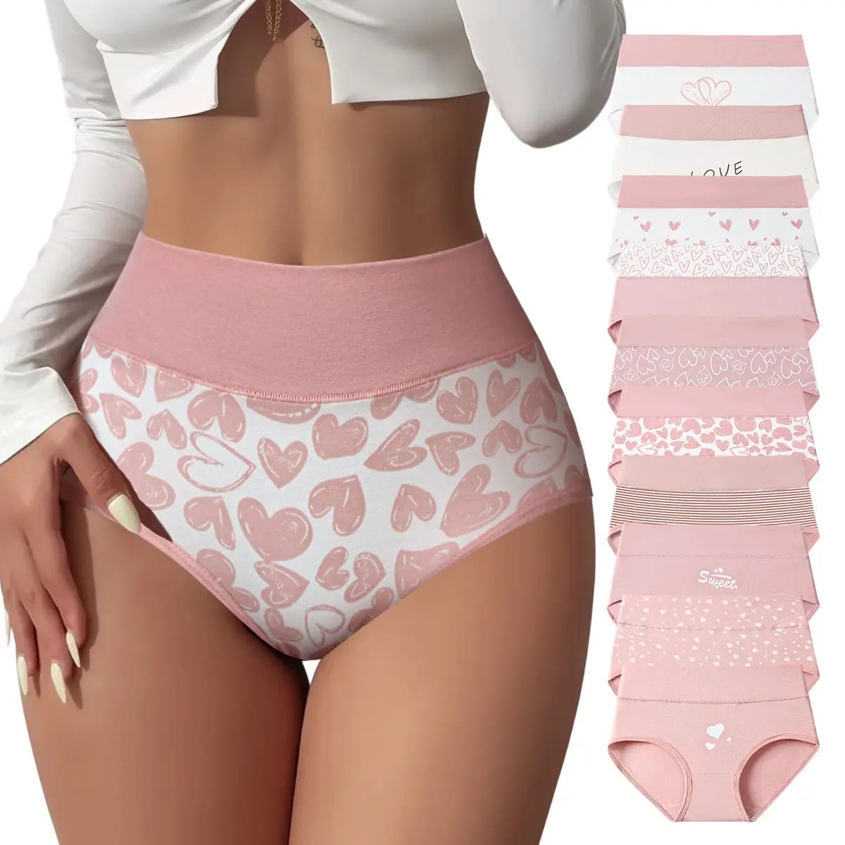 Hotcom Women's 4-Piece High-Waisted Underwear Set - Cotton Plain Breathable Fitted Triangle Panties, Fit Design, Highwaist Stayup, Cold Wash Safe, Sizes XS-XXL, Cute Preppy Style, Everyday Use, Plus Size Clothes, Halloween Wear