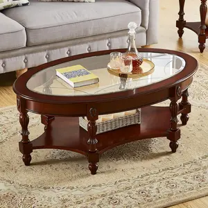 Luxury vintage oval glass coffee table, suitable for living rooms and conference rooms Solid wood base with glass tabletop Easy-to-assemble coffee table
