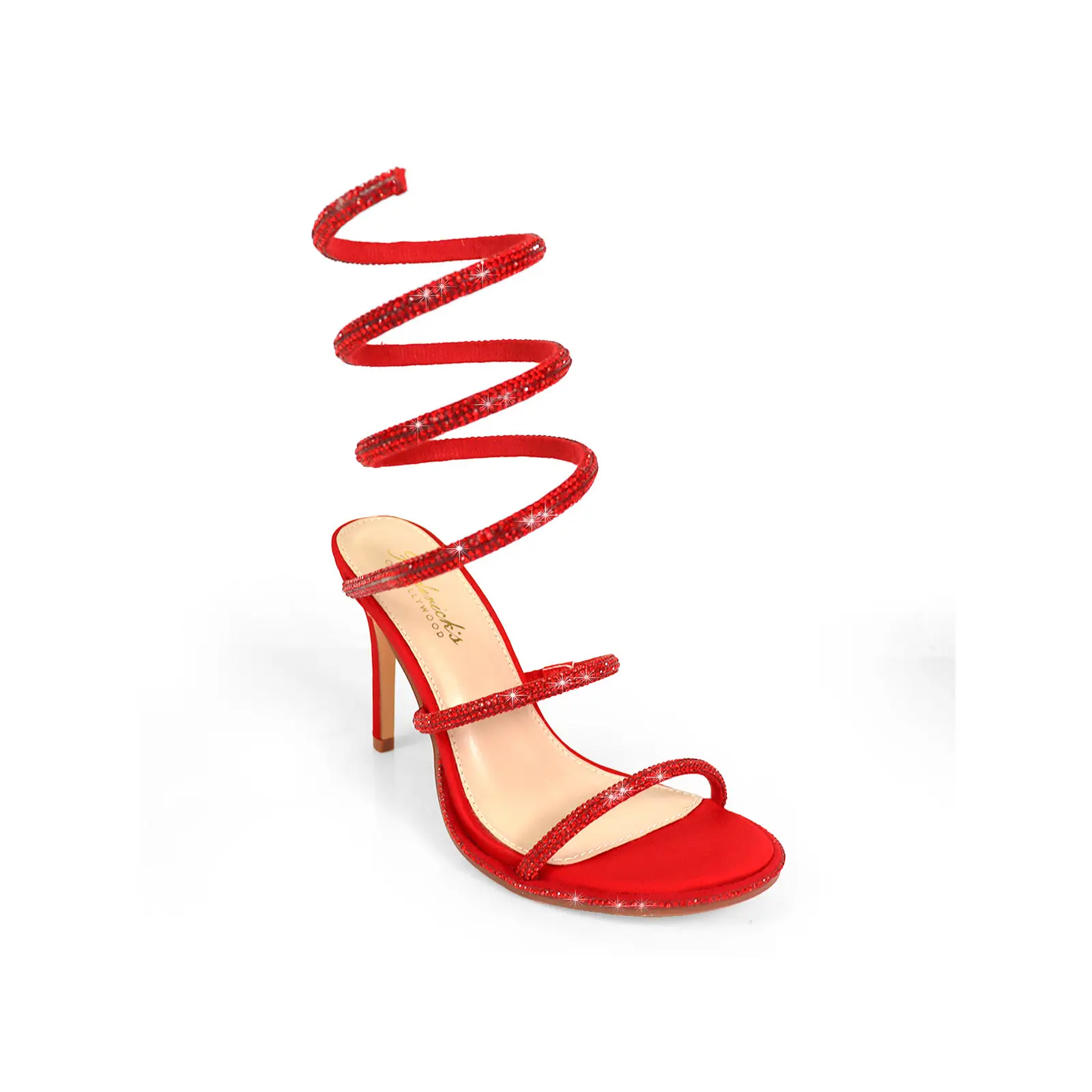 Frederick's of Hollywood Lexia Women's Rhinestone Spiral Stiletto Heels, Open Toe Strappy Statement Shoes, Sandal, Sparkle, Footwear, Night Out, Bold Touch, Sparkle Strap, Decor, High Heels, Nightout, Sparkle Straps