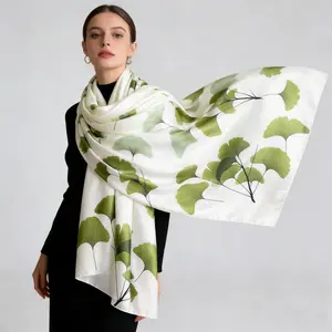 Women's Luxury Satin Ginkgo Leaf Print Long Scarf - White and Green Color Matching Oversized Headscarf Shawl, Soft and Silky Fabric, Elegant Autumn and Winter Fashion Accessory, a Versatile Daily/Evening Styling Item Suitable for Exquisite Outfits