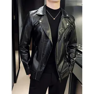 MEN'S faux leather slim fit jacket with large lapel collar-casual mature style, polyester blend, non-stretch solid color, zippered detailing, woven fabric, lined