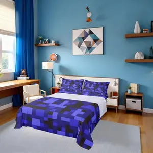 Pixelated Blocks Bed Sheets,Army Camouflage Miners Gamer Easy Wash Bedding Set,Geometric Grid Patchwork Kids Room Decor,Black Dark Blue Sheet(Fitted+ Flat Sheet)