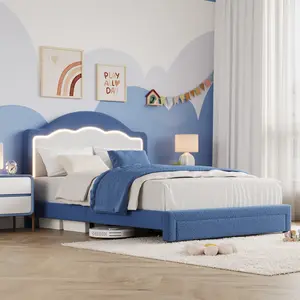 Soft Sherpa Upholstery Twin Size Kids Bed Frame with LED Headboard, Pink and White Lambskin Modern Boucle Style, Sturdy Slat Support, No Box Spring Needed, Easy Assembly