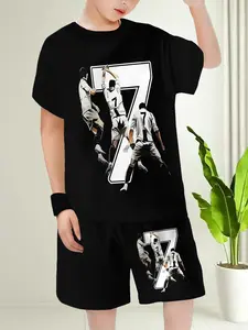Boys' Fashion 3D Print Casual Short Sleeve Tee & Shorts Set, Outdoor Sports, Regular Fit, Spring & Fall Wear, Youth Kits