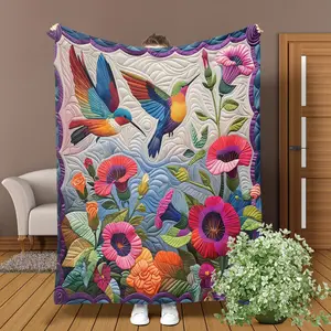 Creative Floral Hummingbird Print Flannel Blanket, Warm Napping Blanket, 2D Design, Suitable for Sofa Bed Office Car Camping