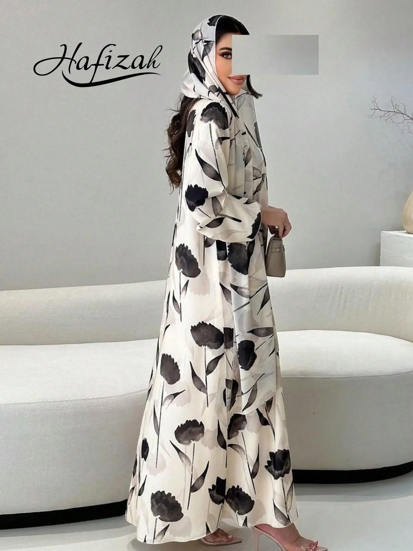 Hafizah Ink Print Loose Fit Floral Print Abaya Outerwear, Velvet Long Cardigan with Headscarf, Luxury Middle Eastern Women's Clothing, Modest Islamic Abaya, Islamic Modesty Clothes, Islamic Abaya, Abayas for Eid, Elegant Islamic Clothing