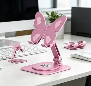 Butterfly Design Aluminum Alloy Phone Holder Stand,360° Rotating Dock,Height & Angle Adjustable Foldable Bracket,Anti-Slip Universal Support for All Smartphones,Pink Style for Home,Office and Travel.end of year teacher gifts
