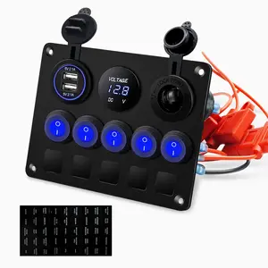 Upgrade Blue 5 Gang Marine Boat Rocker Switch Panel Circuit Breakers, Waterproof Switch Panel with 15A Inline Fuse for Truck RV, Digital Voltmeter USB Charger Port DC 12 Volt Power Outlet Socket FXC