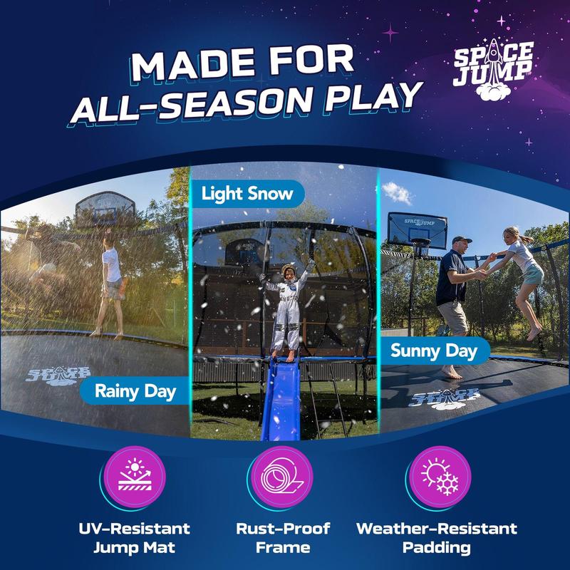 SpaceJump Lunar 16' Trampoline, Outdoor Ultimate Set with Slide, Hoop & Sprayer