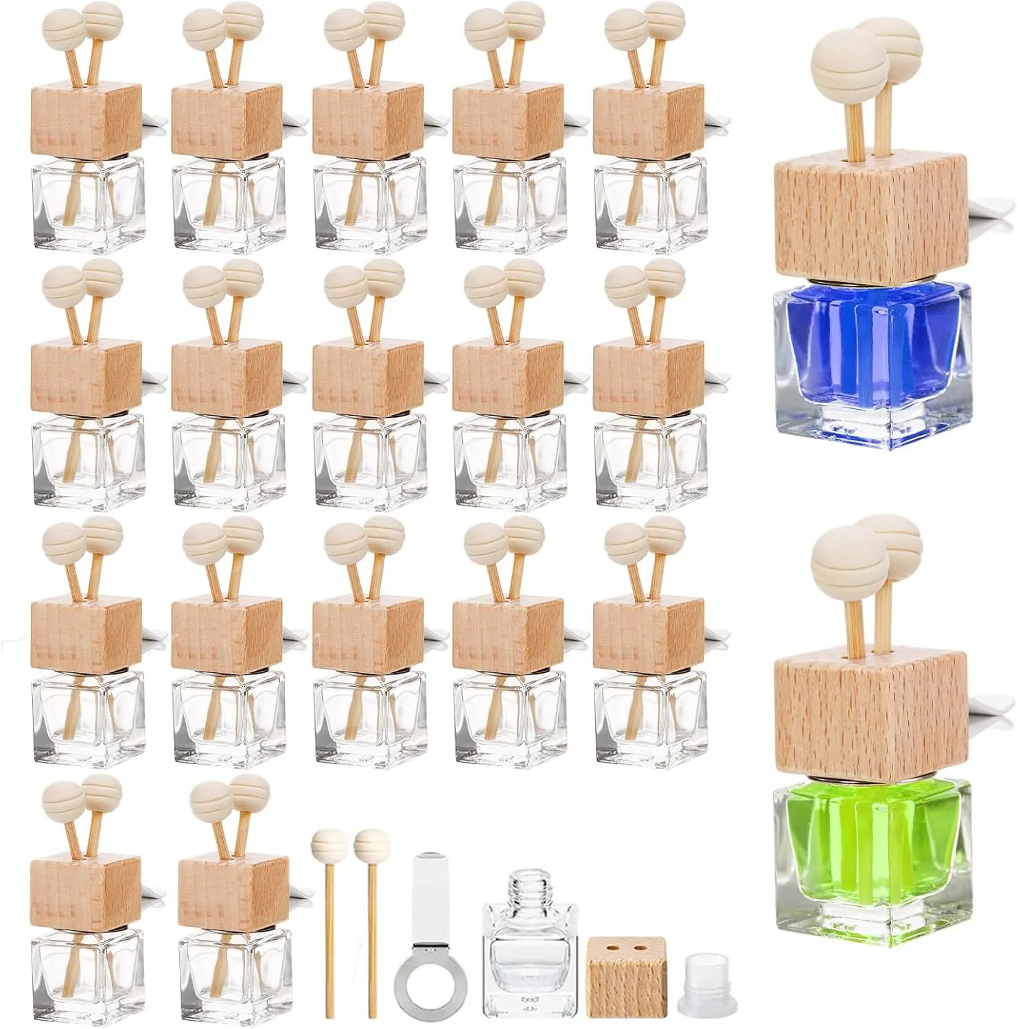 WRINGKIT 20 Pack Car Diffuser Bottles Empty, Essential Oil Diffuser Bottle with Vent Clip, Clear Glass Perfume Bottle, Wooden Cap Aromatherapy Car Air Freshener Diffuser for Auto Fragrance, Cars Decor