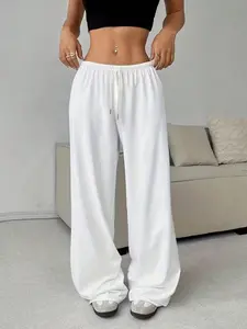 Women's Casual Four-Seasons Pants, Comfortable Loose Plain Elastic Waist Belt Wide Leg Running Pants, Ideal for Leisure and Sports
