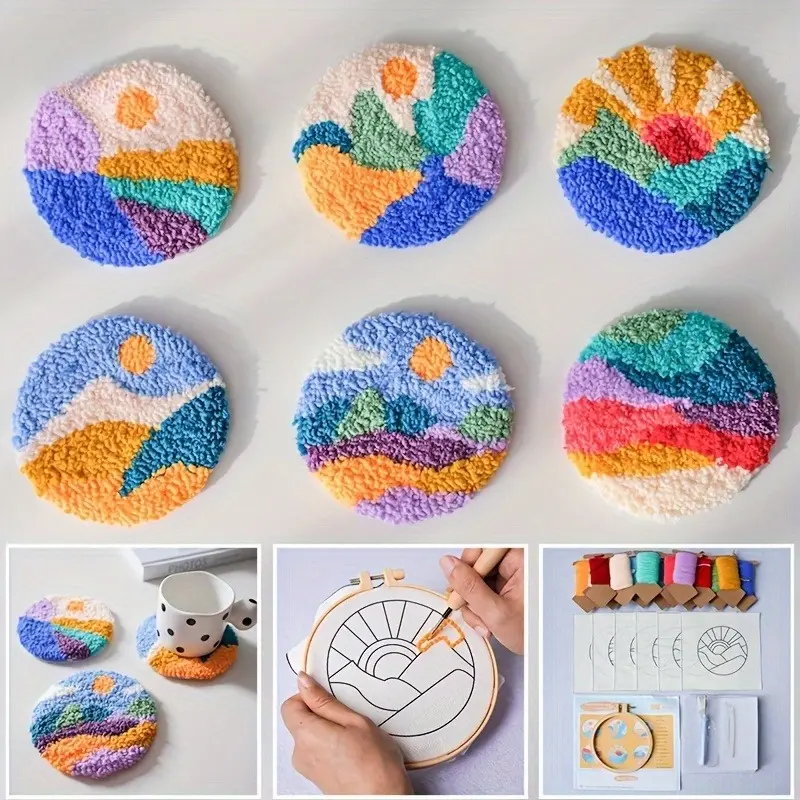 A Set of 6 Material Packages, Scenic Landscape Punch Needle Kit with Coasters, Complete Handmade Embroidery Starter Set for Beginners, Embroidery Craft, DIY Kits