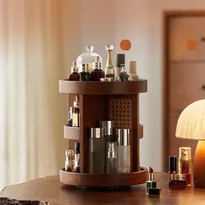 Rotating Wooden Makeup Organizer Box, Vintage Luxury Cosmetic Storage, High-End Skincare Display Stand, Desktop Beauty Holder