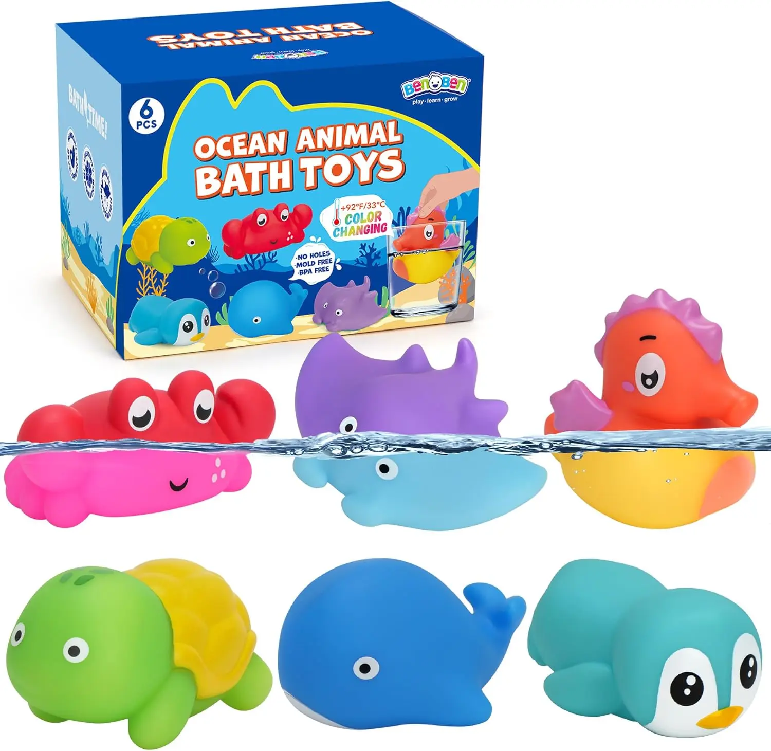 BenBen Bath Toy, 6PCS Color Changing Bath Toys for Kids Ages 1-3, No Holes Baby Bath Toys for Toddlers 2-4, Ocean Sea Animal Bathtub Toys