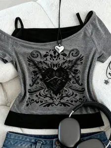 Women's Vintage Gothic Punk Style Graphic Print Short Sleeve Two-Piece Fitted T-Shirt, Soft Knitting Streetwear Shirt with Guitar Design, All-Season Everyday Casual, Washable Lady