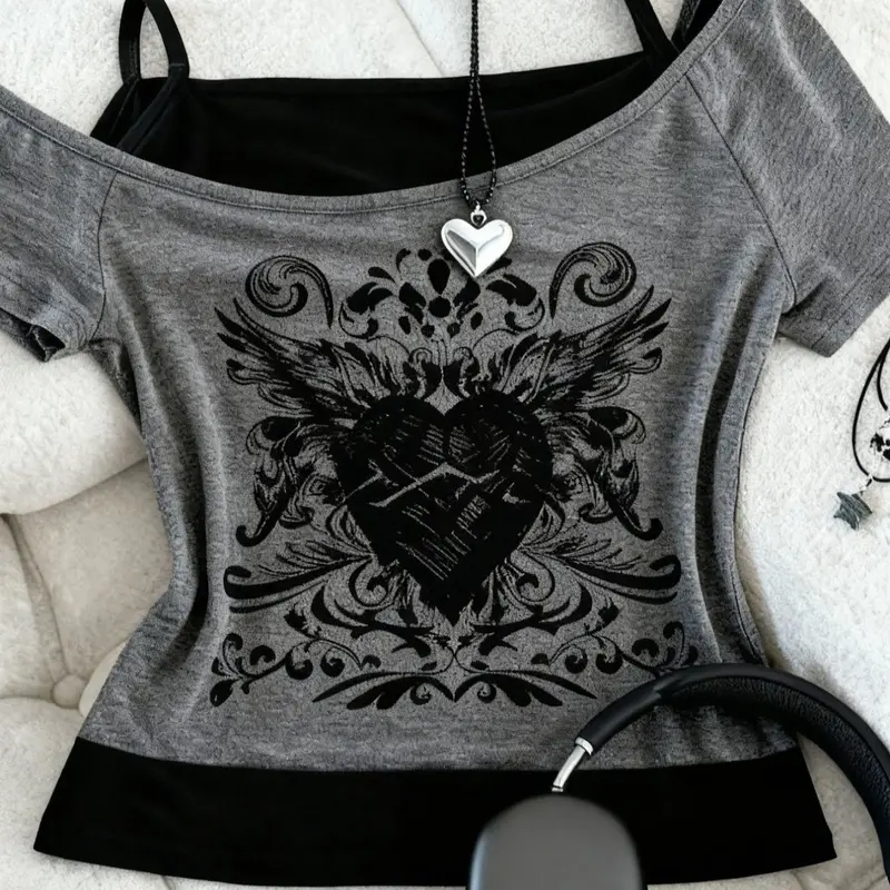Everyday Women's Vintage Gothic Punk Style Graphic Print Short Sleeve Two-Piece T-Shirt, Soft Knitting Streetwear Shirt with Guitar Design, Casual Fit Chic, All-Season Casual, Washable, Fitted T