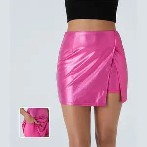 Halara Women's Softlyzero Faux Leather High-Waisted Split-Hem 2-in-1 Side-Pocket Metallic Foil Print Stretchy Bodycon Mini Party Skirt