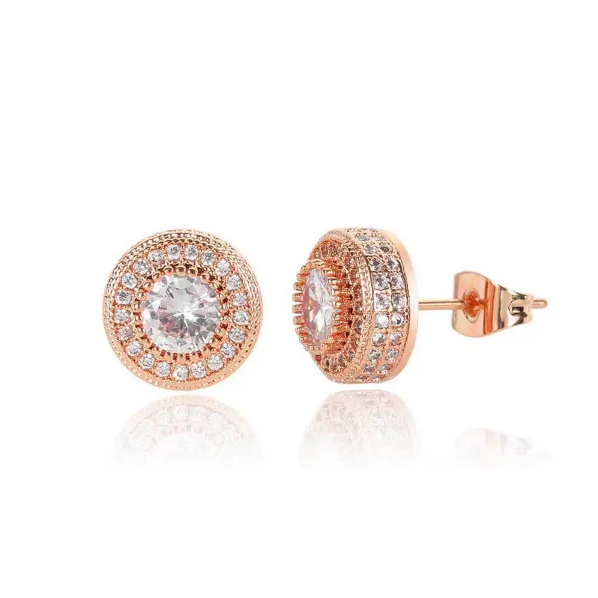 Iced Out Cubic Zirconia Stud Earrings - 14K Plated Hip Hop Costume Jewelry for Men and Women, Gold/Silvery/Rose Gold Gift Accessory