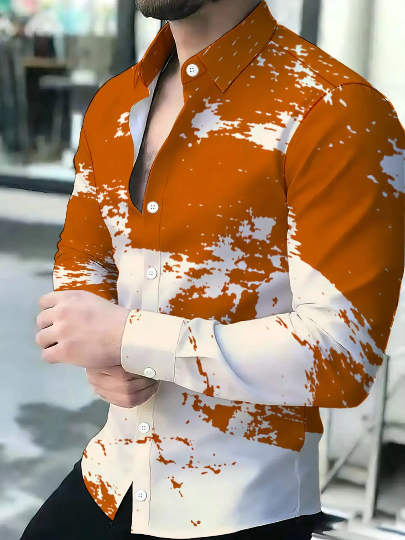 Men's Long Sleeve Casual Shirt Orange and White Splatter Novelty Print Pattern