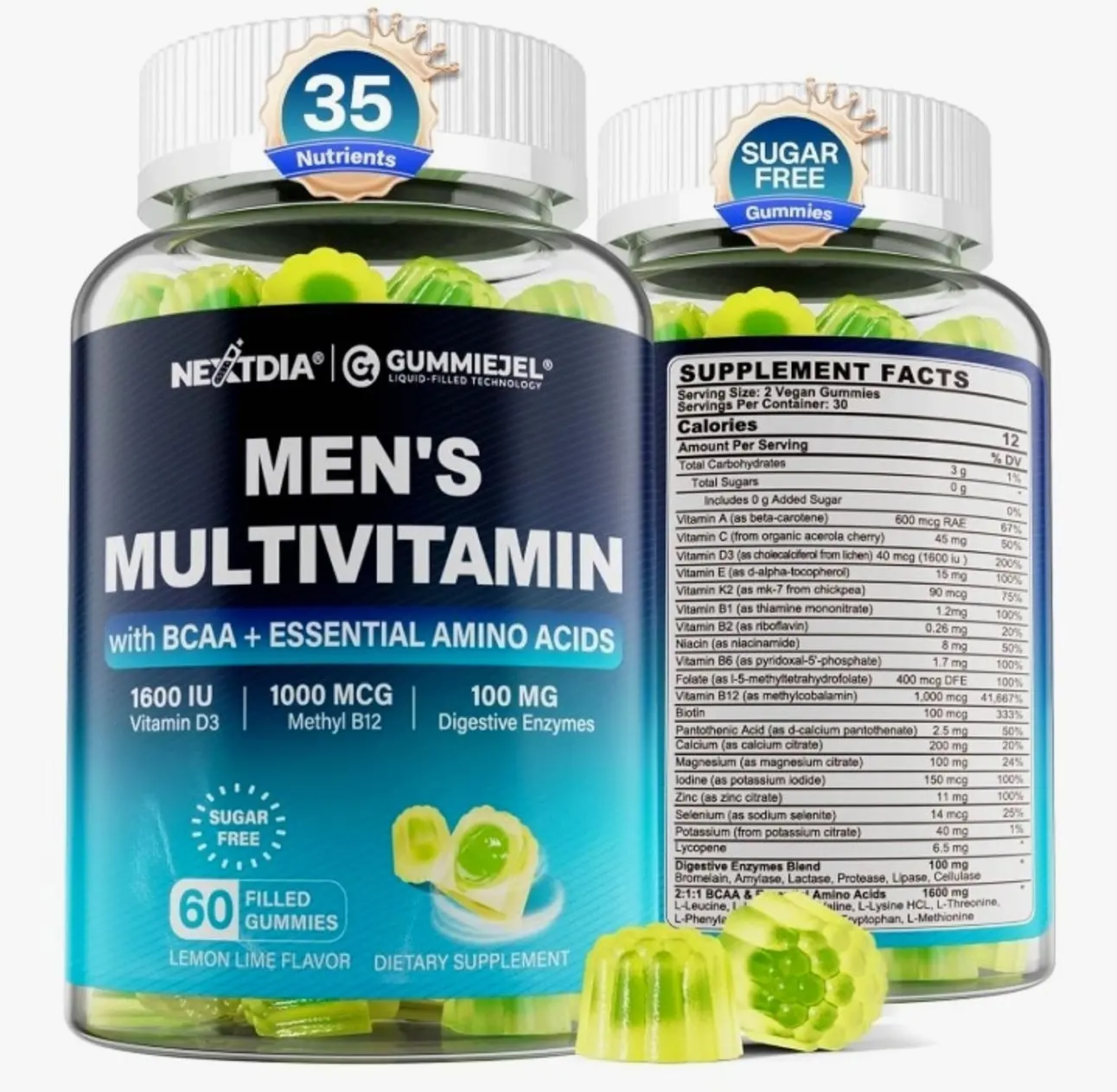 Methylated Multivitamin for Men Gummies, BCAA Amino Acids, Zinc, Daily Vitamin A C D3 E K2 B Complex, Calcium, Magnesium, Lycopene, Digestive Enzymes - Energy, Immune, Muscle- Sugar Free, Vegan, 60Cts