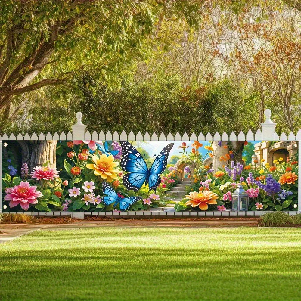 Waterproof Hanging Peach Butterfly Floral Vibrant Spring Garden Banner - Durable Polyester Outdoor Decoration, Suitable for Weddings, Festivals, Photography Backdrops, Gift, Yard Decor