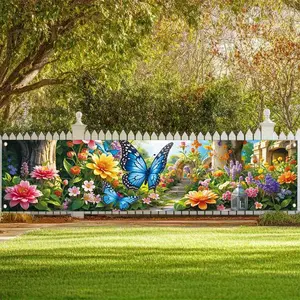 Vibrant Spring Garden Banner- Butterfly And Floral Design, Durable Polyester Outdoor Decoration, Suitable for Festivals, Parties, And Photography Backgrounds, Garden Decoration