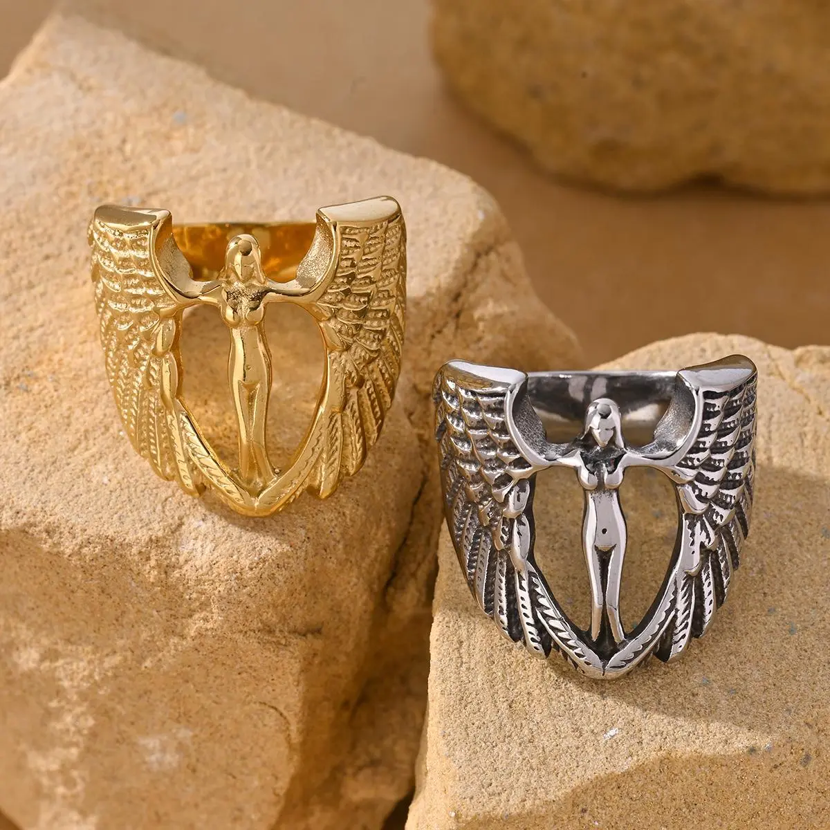 Vintage Angel Wing Stainless Steel Ring - Cool Charm Fashion Jewelry for Men and Women, Party Accessory Gift, Male, Female