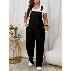 Plus-Size Chic Solid Buckle Overalls Jumpsuit – Sleeveless, casual, pocketed, comfortable, easy to wear; women’s fashion clothing for curvy figures; strappy, basic, elegant athletic workout romper; fitted, minimalist design