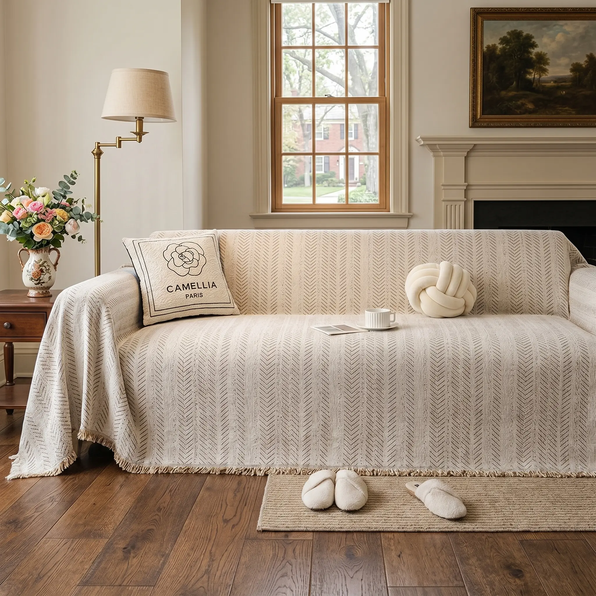 All-Season Adjustable Stretch Sofa Towel Cover - Universal Scratch-Resistant Couch Mat for Straight Sofas, Pet-Friendly, Washable Neutral Toned Perfect Fit
