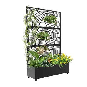 72" x 47" Outdoor Metal Privacy Screen with Trellis & Planter Box – Mobile Raised Garden Bed on Wheels with Drainage, Patio Divider for Climbing Plants & Vegetables