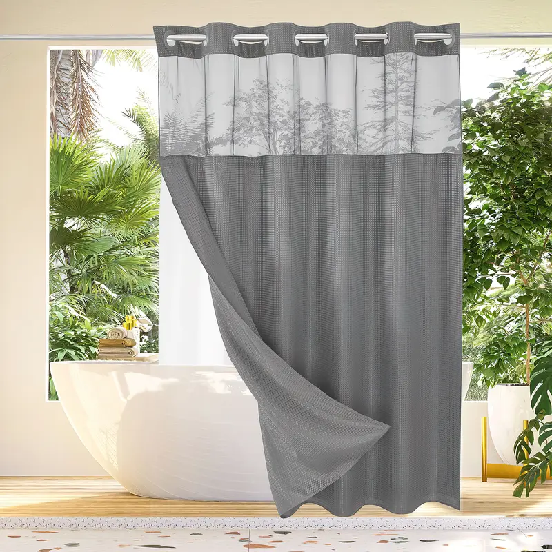 Shower Curtain and Liner Set - No-Hook Design, Snap-In Fasteners, Plastic Waffle-Pattern Drip-Dry Fast-Dry Fabric, Waterproof, Mildew-Blocking Modern Home Bathroom Accessory with Solid Aesthetic
