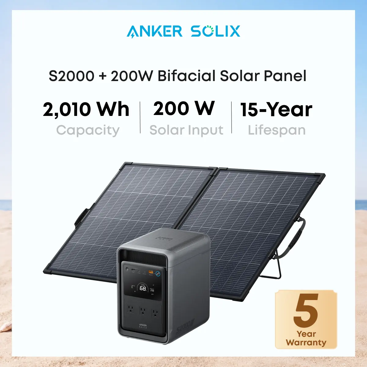 Anker SOLIX S2000 Portable Power Station with 200W Bifacial Solar Panel, 1,500W Solar Generator, Up to 35-Hour Fridge Backup, 2,010Wh LFP Battery for Home Backup, Power Outages, and Camping, Solar Powered, Adults