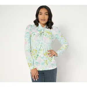 Susan Graver Printed Liquid Knit Twist Front Mock-Neck Top