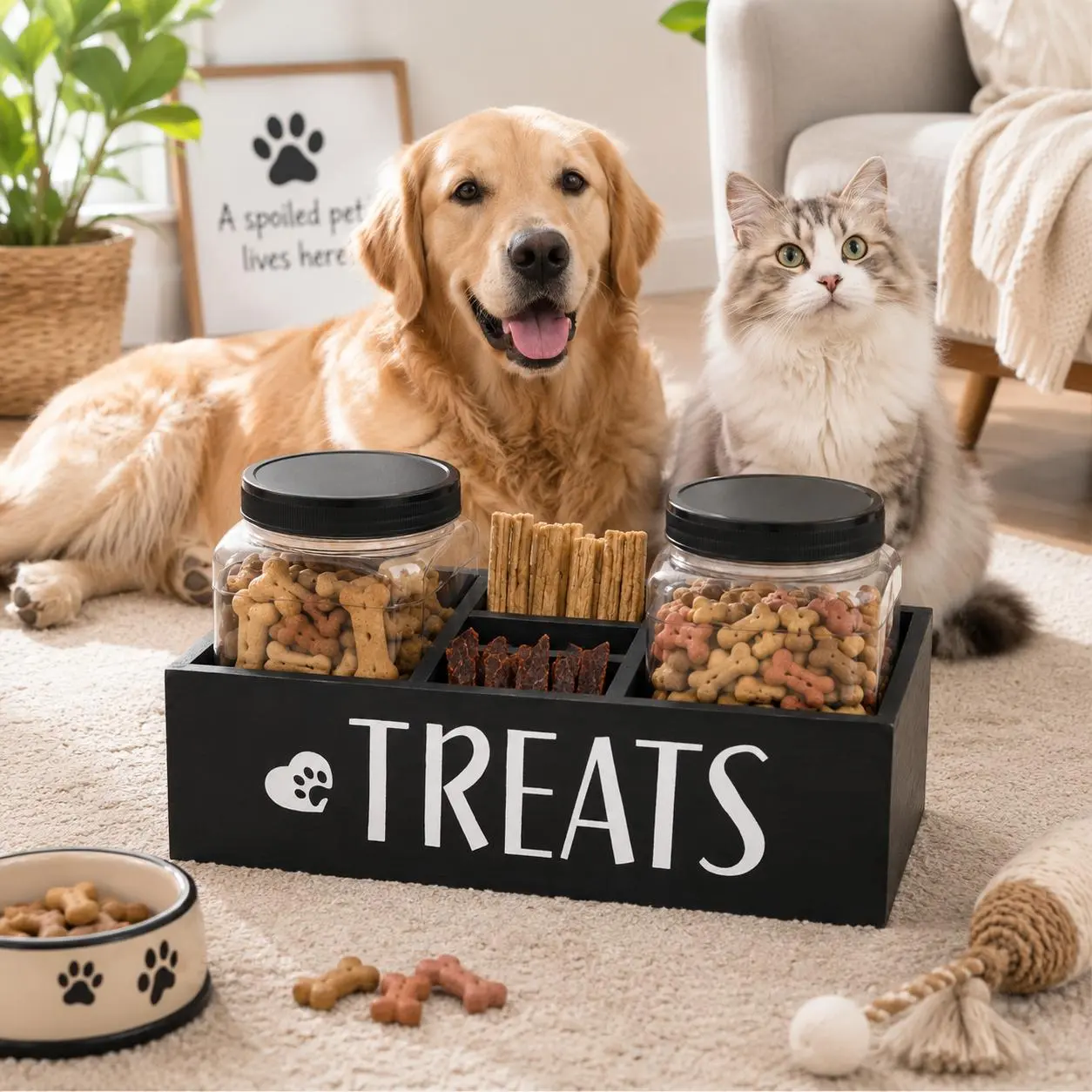 Dog Treat Organizer with 2 Airtight Storage Jars, Wooden Pet Treat Station for Dog Snacks, Biscuits, Chews & Accessories, Kitchen Counter Storage Bin