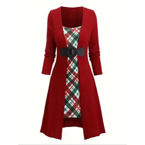 [Plus Size]Plaid Patchwork Print Textured Square Neck??2 IN 1?A Line Dress, Casual Long Sleeve Dress for Fall & Winter, Women's Clothes for Daily Wear 2 piece sets two piece set body by raven set