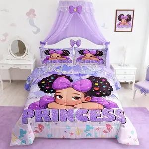 Black Princess Girls Comforter Set,Mermaid Scales Purple Bedding Set,Kawaii Africa Kids Americans Down Comforter,Dreamy Sea Life Pearl Luxury Duvet Insert,Dots Reversible Printed