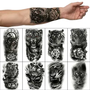 8Pcs Large Half-Arm Temporary Tattoos for Men, Women - 3D Black Tiger, Tribal, Compass, Flower Decals