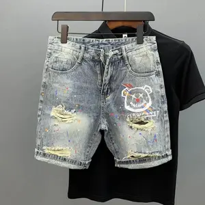 Tear denim shorts men's personalized print SplashInk summer new Korean fashion minimalist one-fifth pants casual