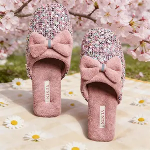 Women's Sequin Plush Bow - Decorated Slippers | Cute Warm Indoor Footwear